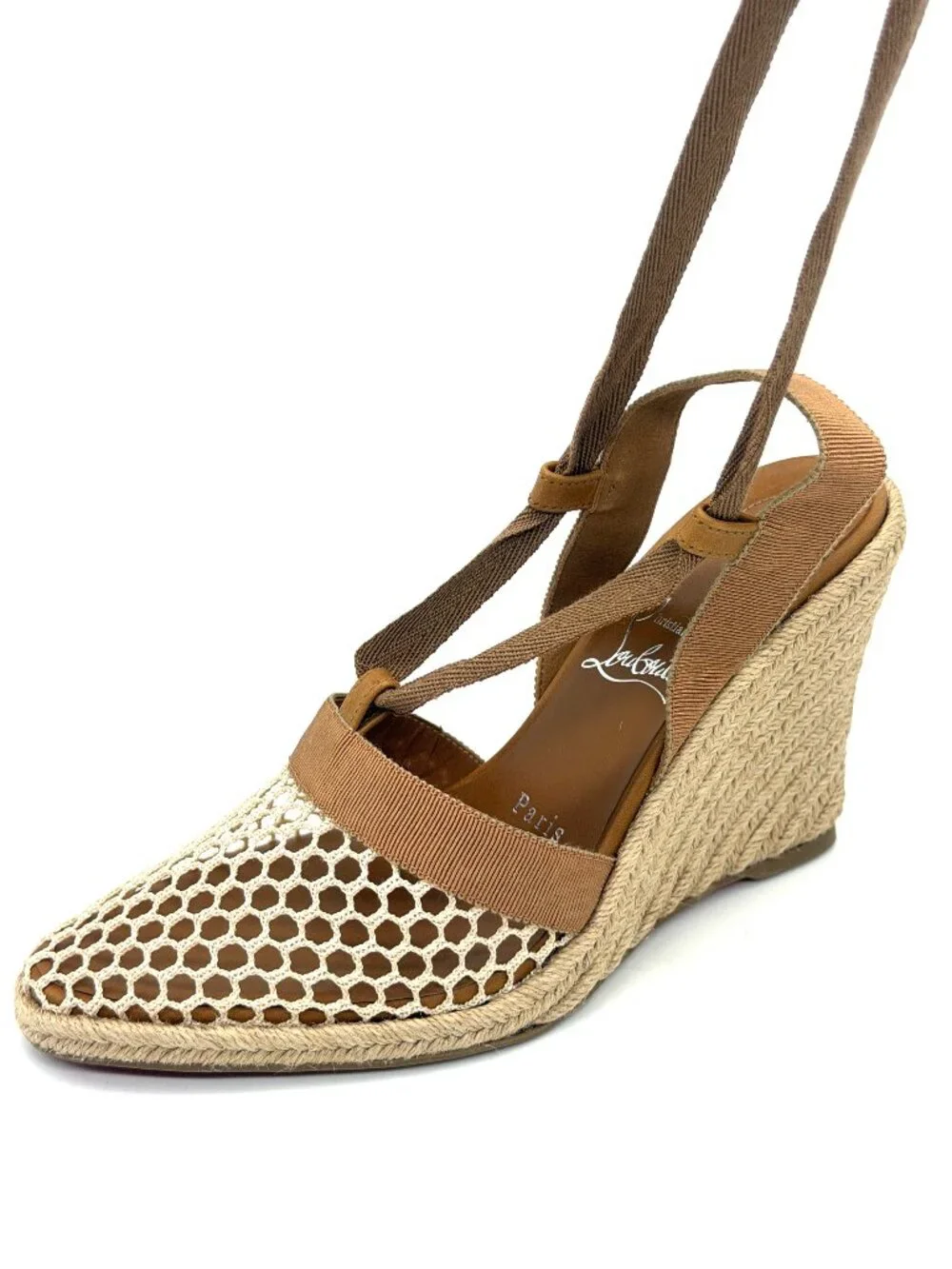 Christian Louboutin TOLEDA 85 Mesh Wedge Heel Ribbon Tie Espadrille Sandals